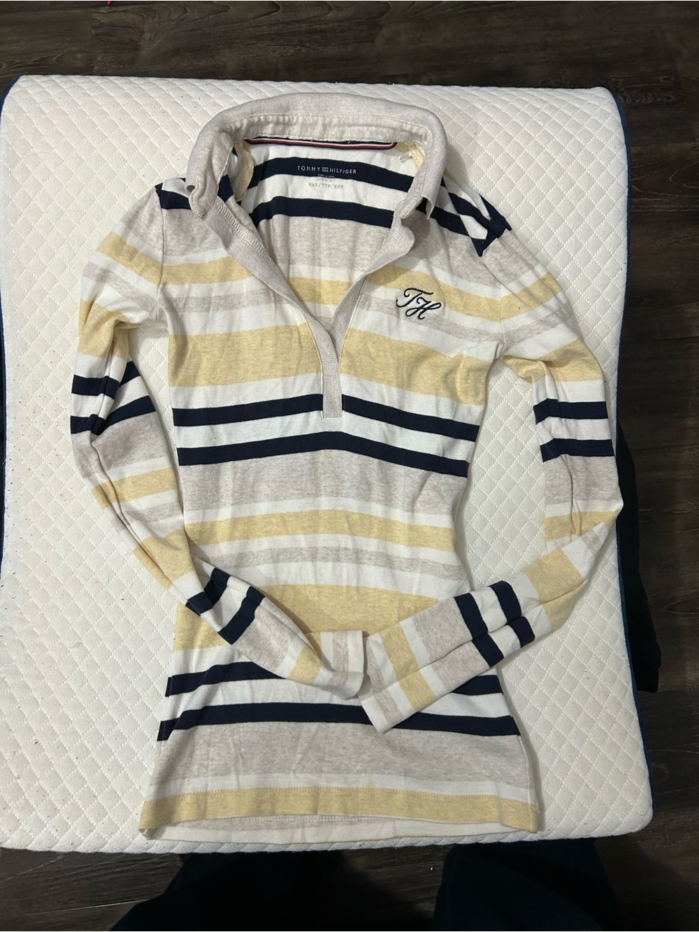 Tommy Hilfiger Striped Half-Zip Polo in White, Navy & Yellow